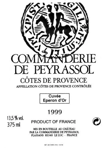 COMMANDERIE DE PEYRASSOL CUVEE EPERON D'OR 1999