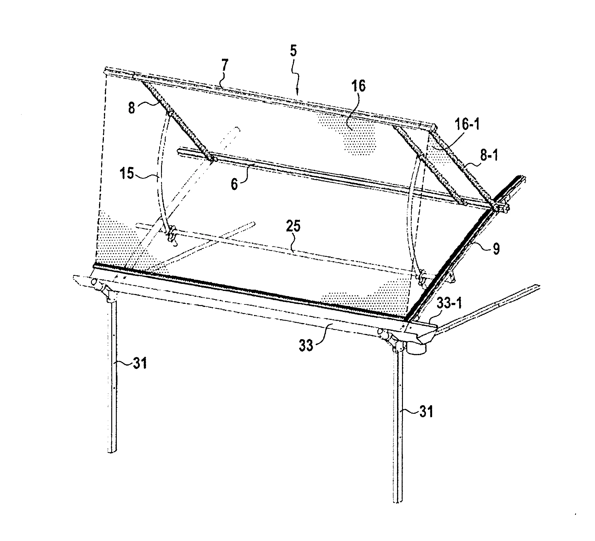 Structure de serre comprenant des profiles fermes comportant des rainures formant glissieres