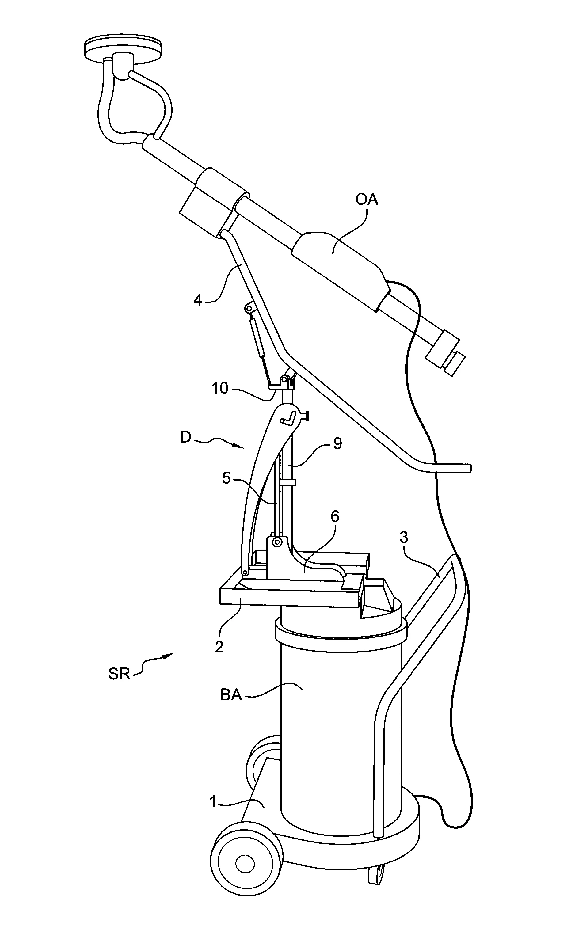 Structure roulante pour outils a bras connectes a un bloc aspirateur incluant un dispositif de basculement