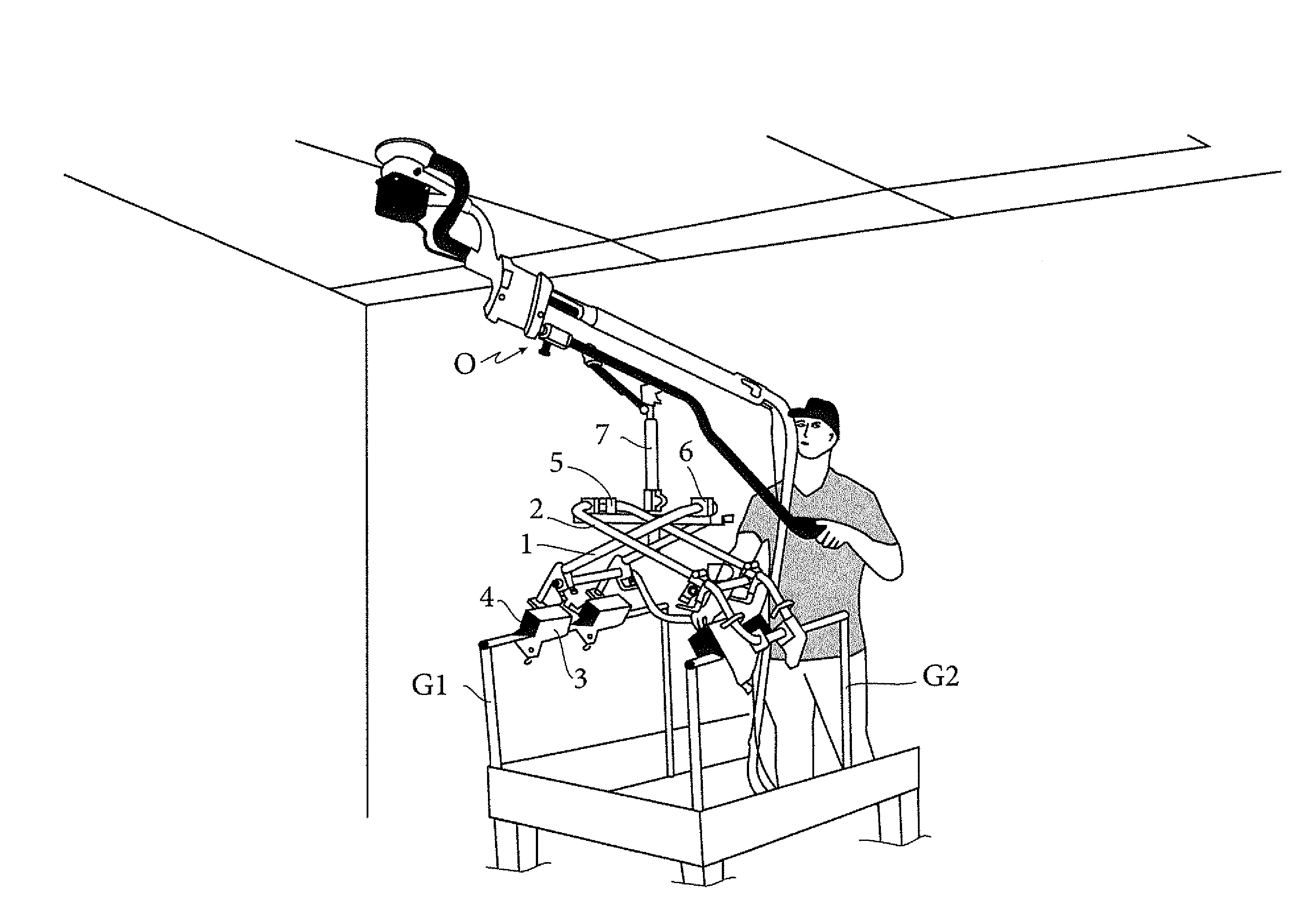Dispositif support pour outil de surfacage destine a etre utilise a partir d'une plate-forme presentant deux garde-corps paralleles